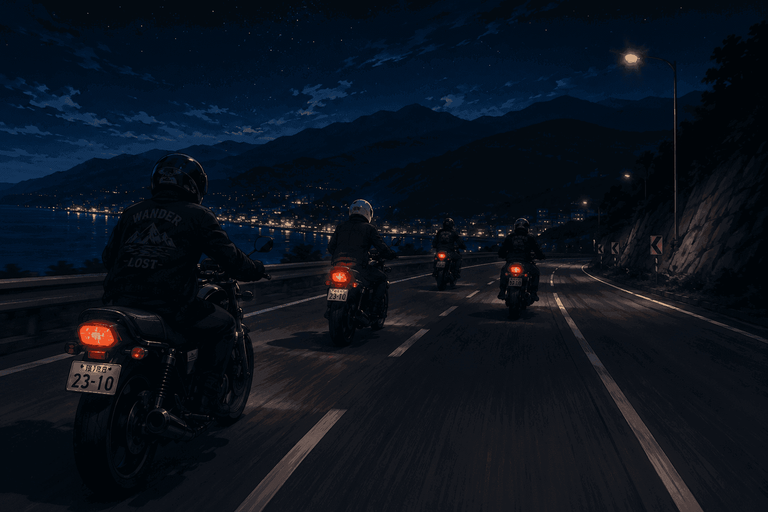 Bikers on a group ride at night